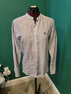 The Kooples Men's Blue & White Striped Mandarin Collar Linen-blend Shirt, Size S